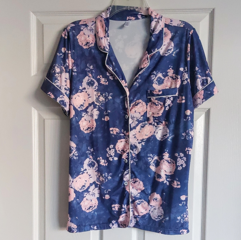 Vibrant blue and pink floral button up pajama shirt